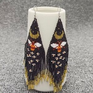 Handcrafted Moon & Butterfly Seed Beads Fringe Earrings - Mio